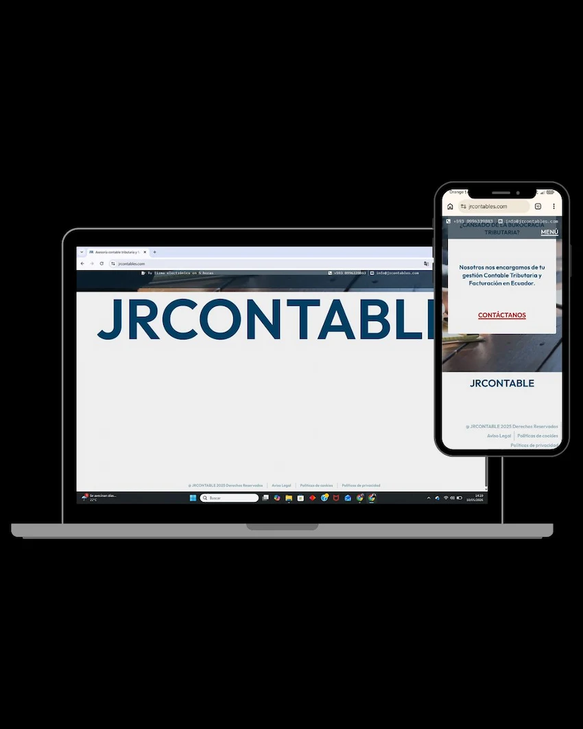 Una laptop y un móvil que muestran el logo del sitio web JRCONTABLES