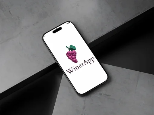Diseño de aplicación móvil WinerApp presentado en mockup de smartphone